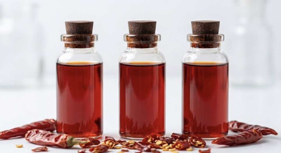 Koyu kırmızı ekstrakt taşıyan üç cam şişe ve kurutulmuş biberler