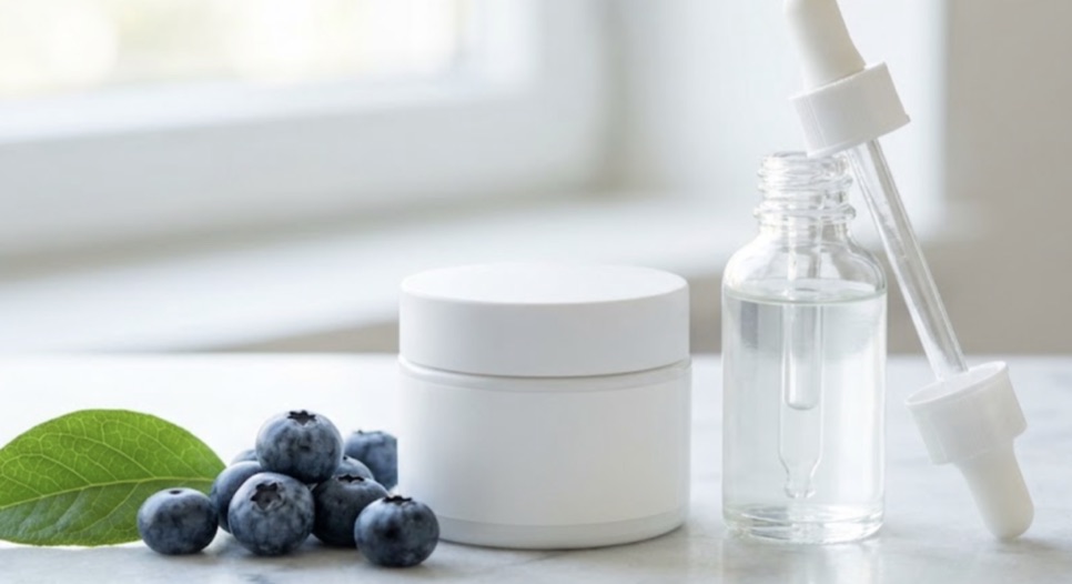 Krem kavanozu ve pipetli serum şişesi, yanında yaban mersini