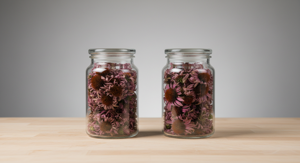İki kavanozda kurutulmuş Echinacea purpurea çiçekleri: aynı oran, farklı hasat