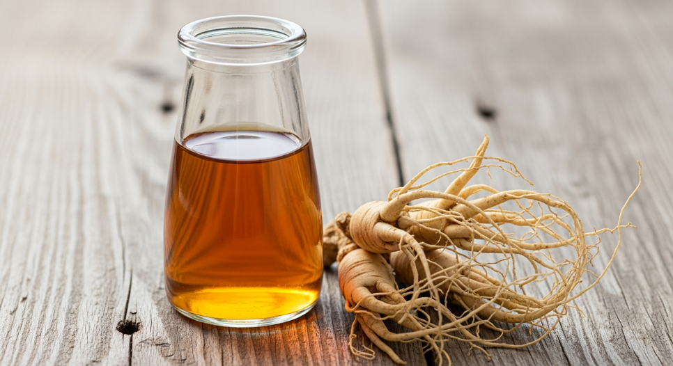 Amber ginseng ekstraktı şişesi ve taze ginseng kökleri