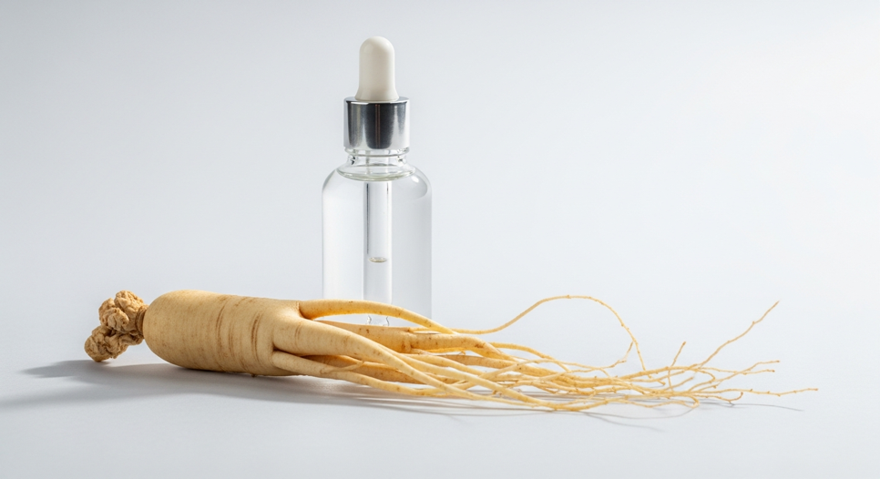 Ginseng ekstraktı içeren kozmetik serum şişesi ve ginseng kökü
