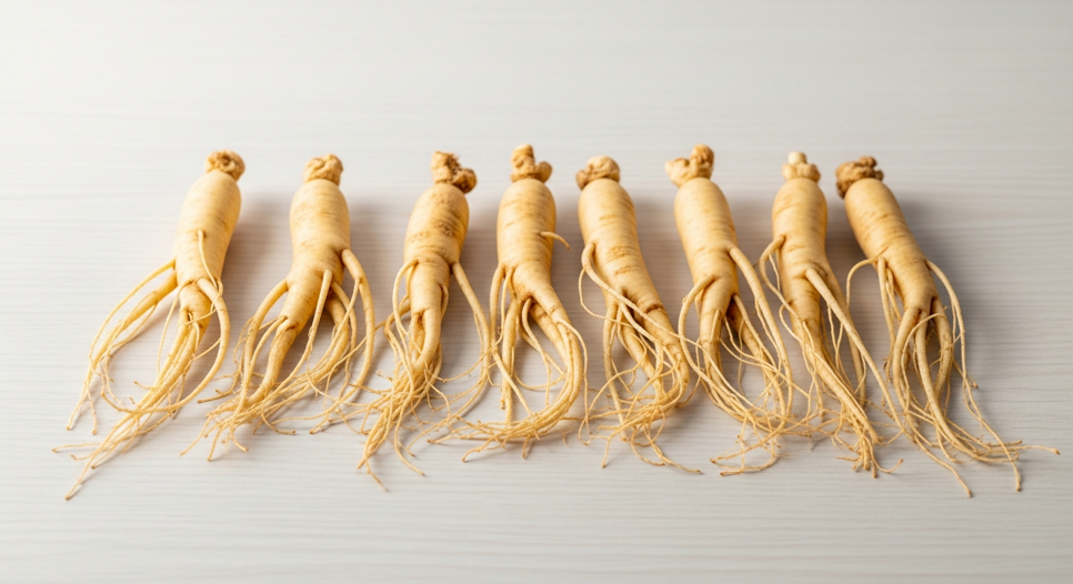 Sıra halinde dizilmiş taze ginseng kökleri