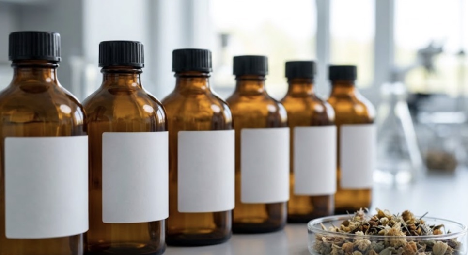 Tezgâhta sıralanmış boş etiketli amber numune şişeleri ve kurutulmuş drog