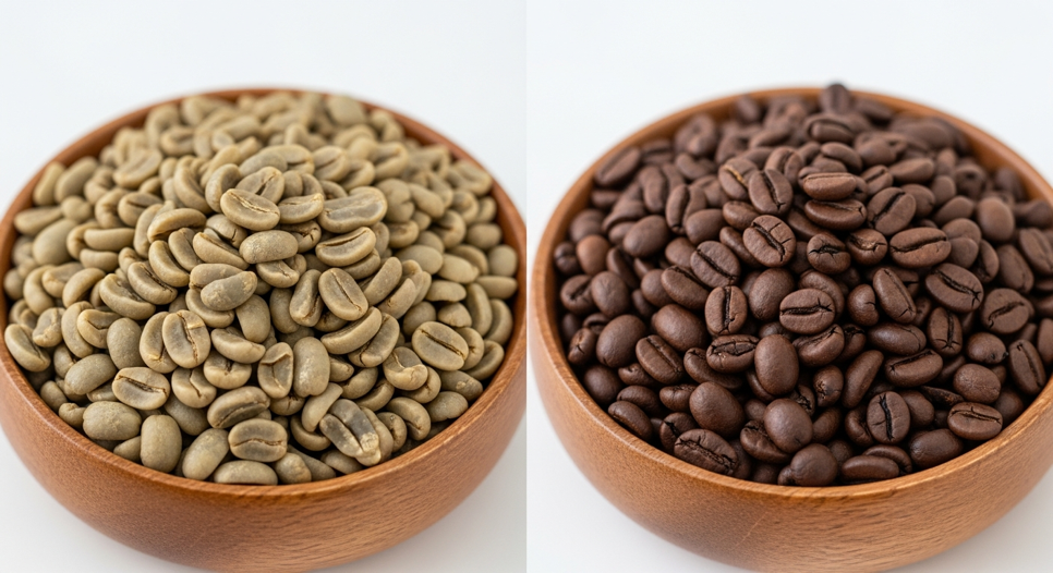 Yeşil ve kavrulmuş kahve çekirdekleri (Coffea arabica)