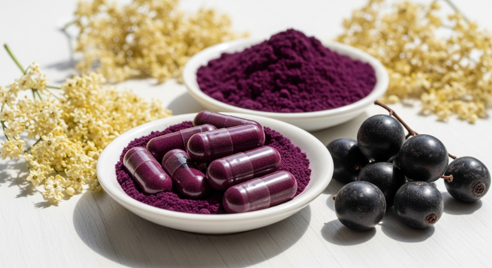 Elderberry extract powder, capsules and elderflower