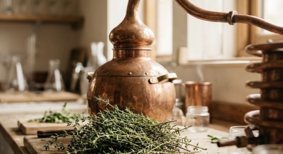 A copper distillation still with fresh thyme sprigs in front of it