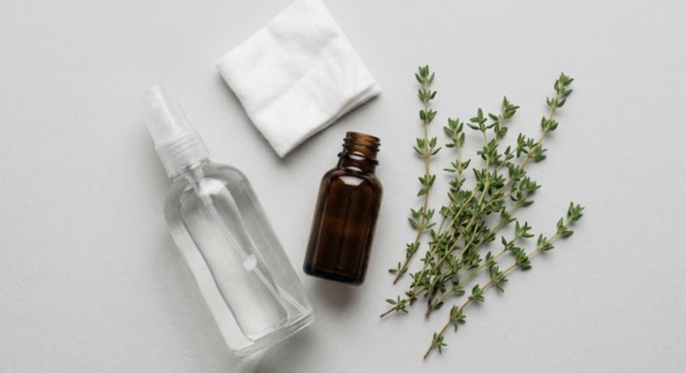 A spray bottle, an amber tonic bottle and cotton pad with fresh thyme