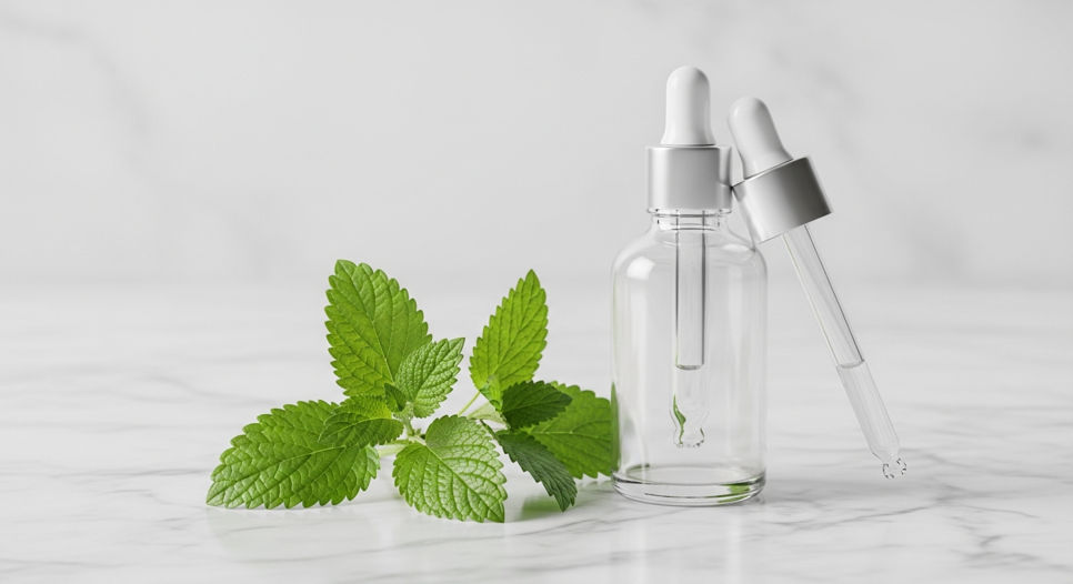 Melisa dallarıyla doğal kozmetik serum şişesi