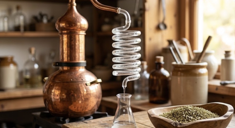 Bakır imbik ve cam soğutucuda rezene tohumu distilasyonu