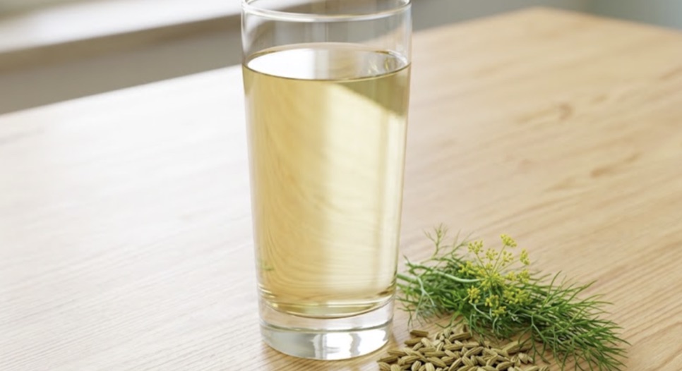 Bardakta bitkisel aromalı su, yanında rezene tohumu ve taze yapraklar