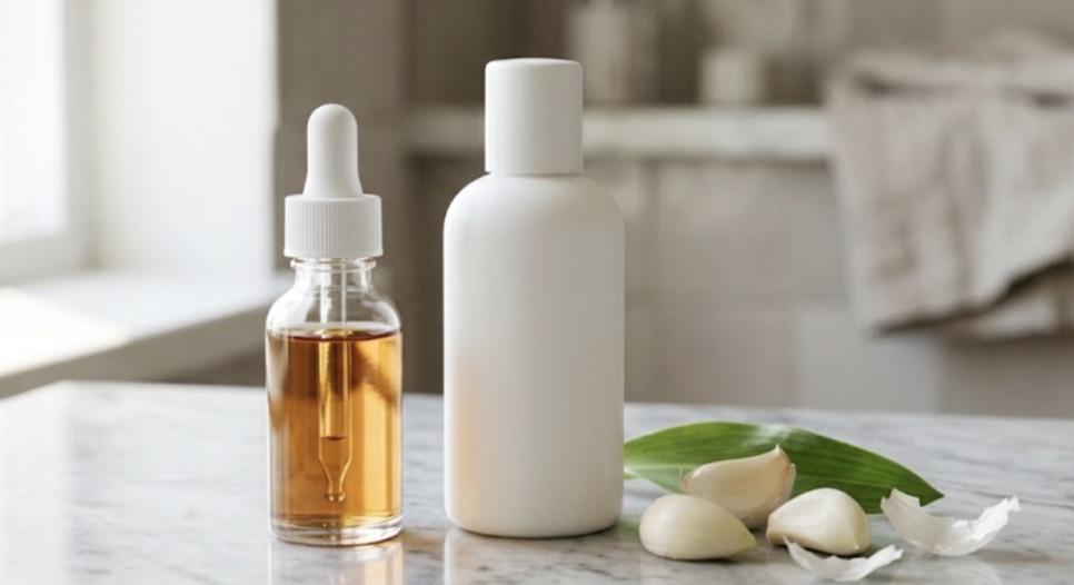 A pipette serum bottle and shampoo with fresh garlic cloves beside them