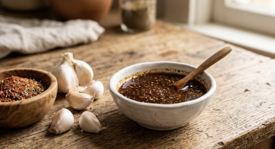 A bowl of sauce, a spice blend and fresh garlic