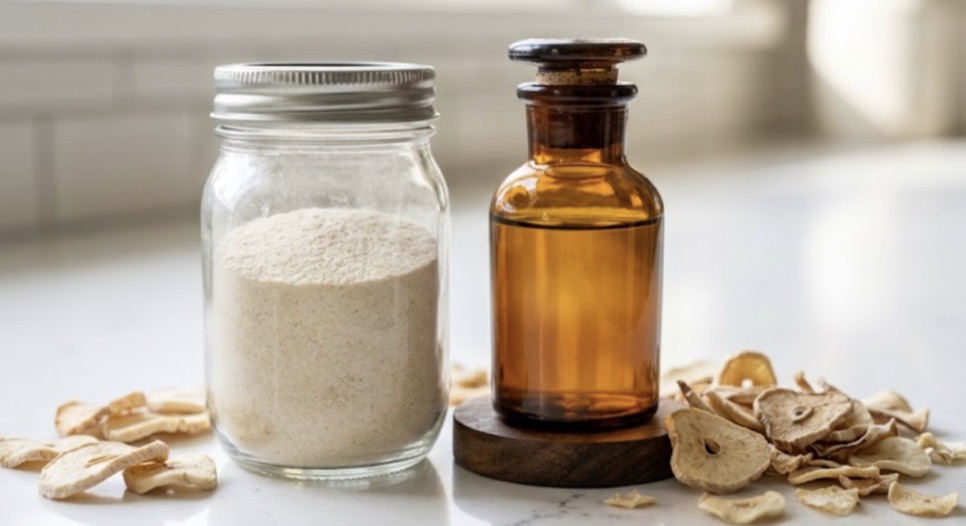 A jar of powdered extract and a bottle of amber liquid extract