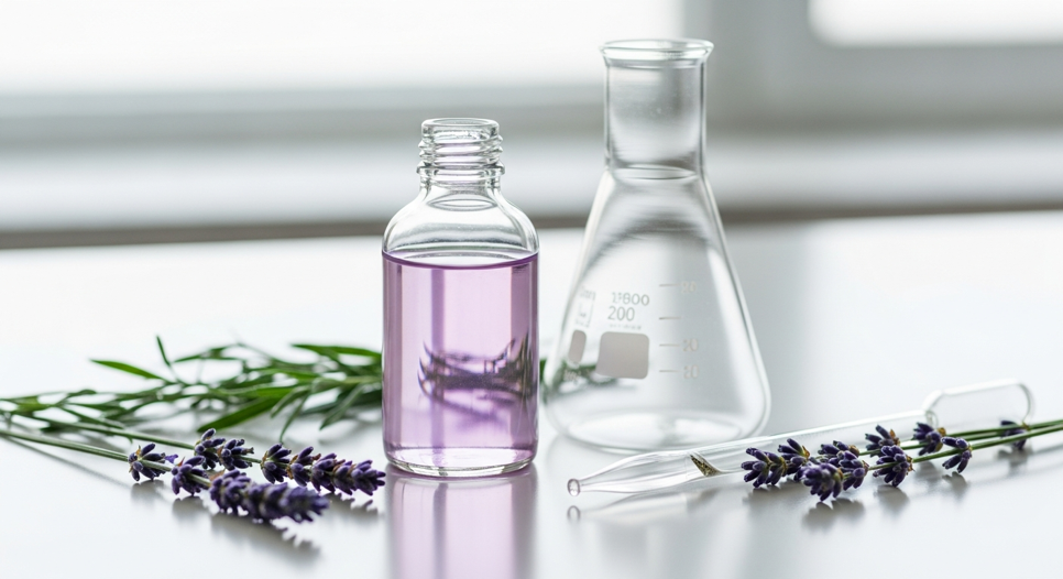 Laboratuvar tezgahında hidrosol şişesi, erlen ve pipet