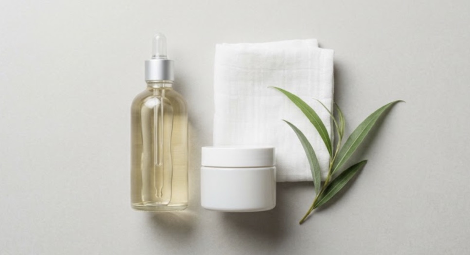 Serum şişesi, krem kavanozu ve pamuklu bez ile söğüt yaprakları