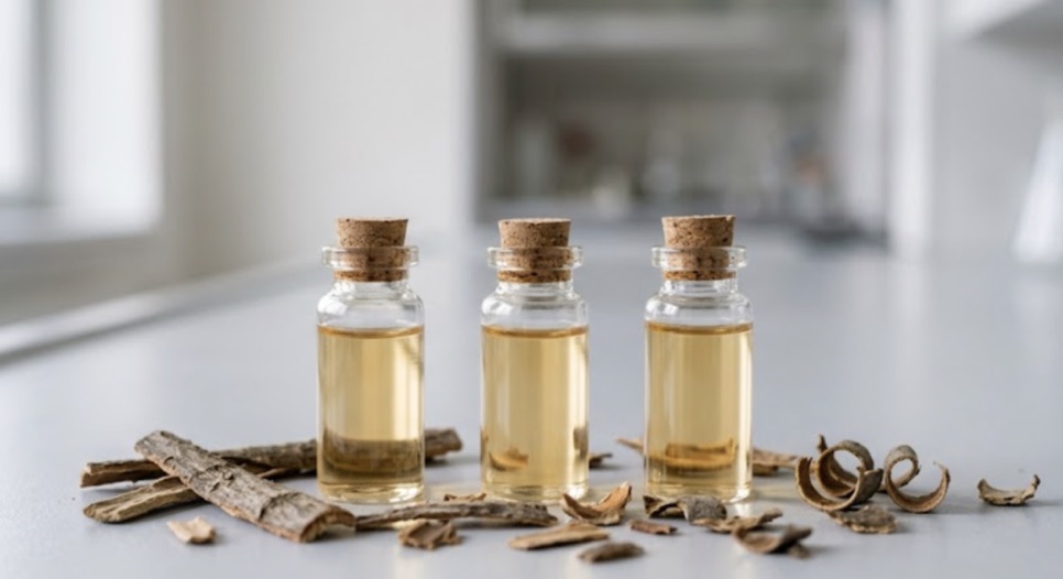Açık amber sıvı taşıyan üç cam şişe ve kurutulmuş söğüt kabuğu parçaları