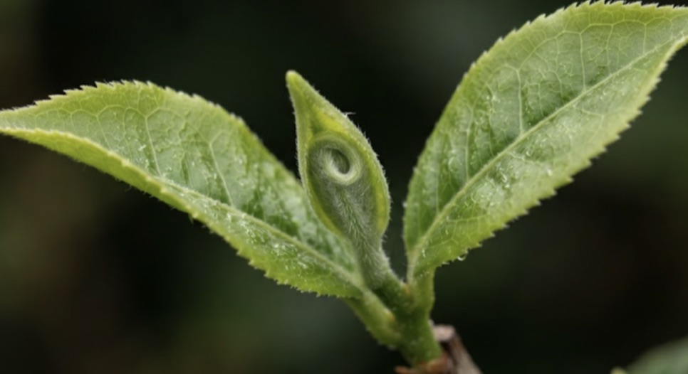 Camellia sinensis taze yeşil çay yaprağı ve tomurcuğu yakın çekim
