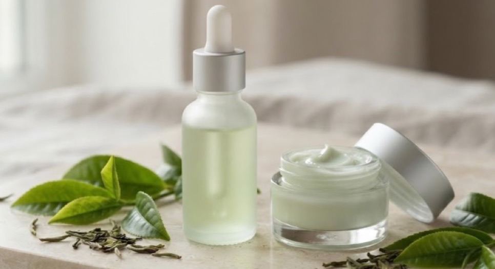 Yeşil çay yaprakları yanında serum şişesi ve krem kavanozu