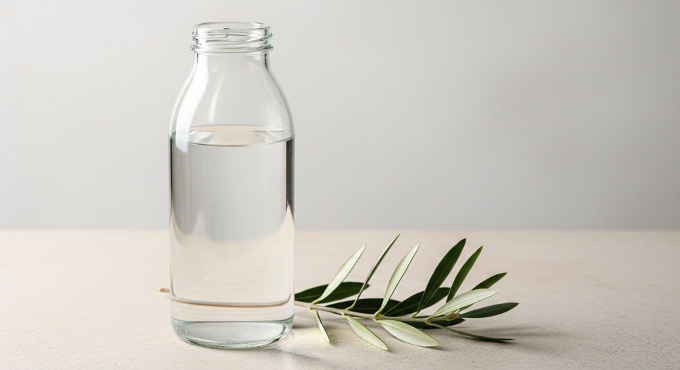 Cam şişede zeytin yaprağı hidrosolü ve taze zeytin dalı